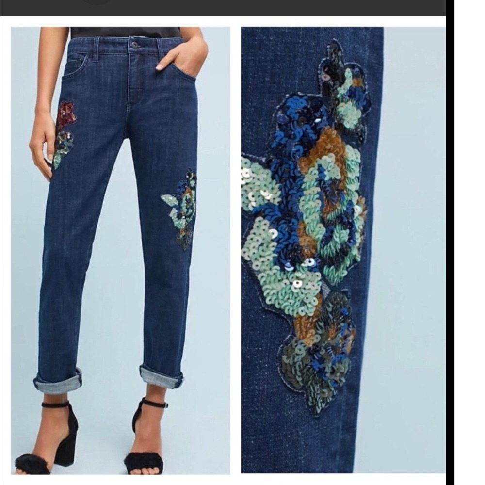 Pilcro The Letterpress Sequin Embellished Slim Boyfriend Jeans Blue 29